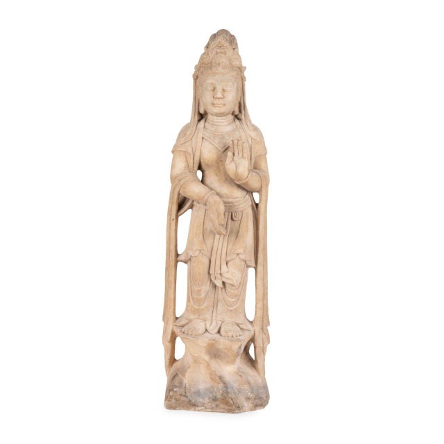 A serene and elegantly carved Southeast Asian figure of Guanyin, the revered Bodhisattva of Compassion and Mercy. Hand-...