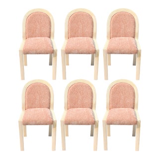 1980's Arched Wood Arch Chairs in Ivory & Blush Pink Chenille Upholstery - Set of 6
