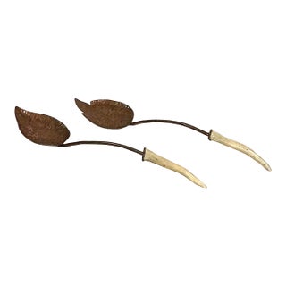 Copper Hand-Hammered Leaf Shape With Antler Spoon and Fork Salad Servers Vintage For Sale