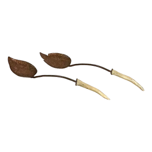 Copper Hand-Hammered Leaf Shape With Antler Spoon and Fork Salad Servers Vintage