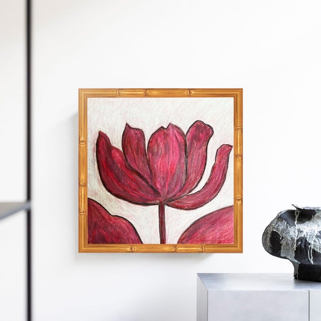 Original Framed Tulip Painting, Red Floral Wall Art, Acrylic on Canvas in Gold Bamboo Frame, 13x13 Botanical Boho Home Decor by Tatiana Duperault For Sale - Image 4 of 4