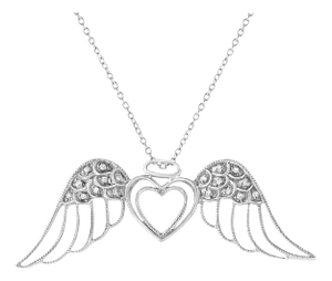 .925 Sterling Silver Pave-Set Diamond Accent Angel Wing 18" Double Heart Pendant Necklace (I-J Color, I1-I2 Clarity)