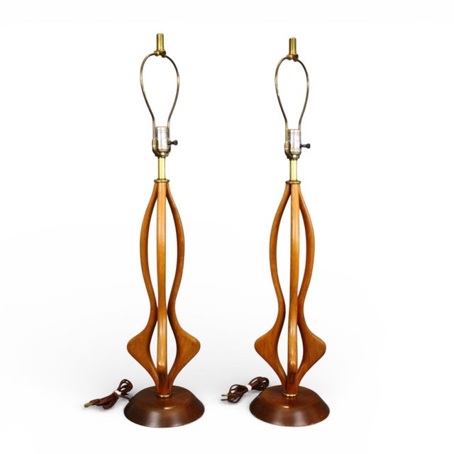 Mid-Century Modern 1960s Modeline Style Pair of Vintage Mid Century Modern Sculpted Walnut Table Lamps For Sale - Image 3 of 6