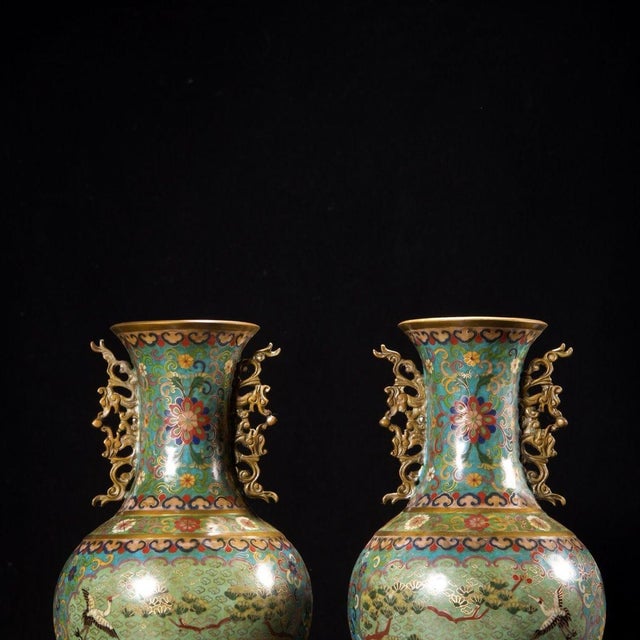 Chinese Pair of Monumental Chinese Cloisonné "Crane & Pine" Vases With Gilt Dragon Handles - 7.5kg For Sale - Image 3 of 9