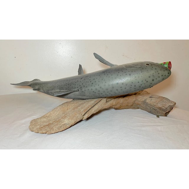Vintage Handmade Eg Carved Wood Silver Wall Fish Mount Trophy Sculpture For Sale - Image 9 of 16