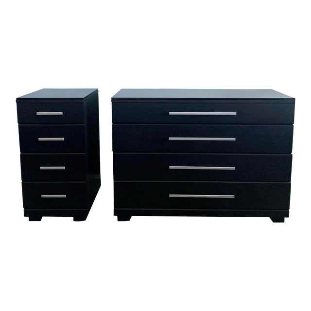 1950s Raymond Loewy for Mengel Chest of Drawers and Nightstand Set of 2 in Black With Glass Tops For Sale