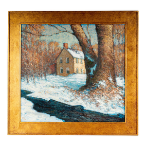 David Hahn B. 1962 Pennsylvania Farmhouse in Winter Oil on Canvas Signed Gilt Gold Frame