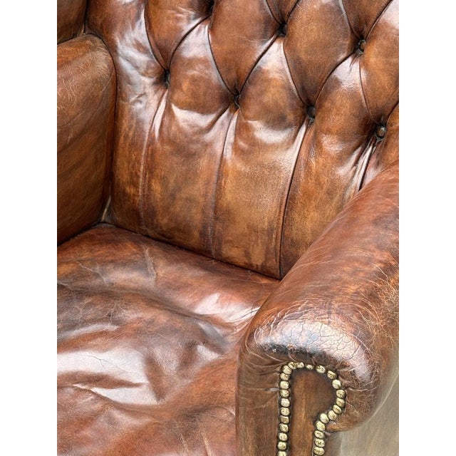 Brown Leather Button Wing Armchair, 1860s For Sale - Image 6 of 11