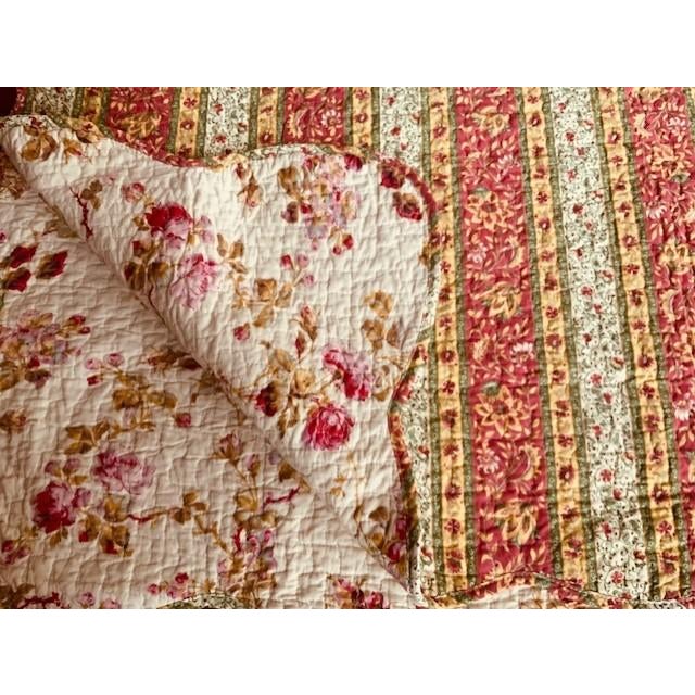 Vintage French Boutis Throw Quilt, Hand-Printed Garden Roses & Stripe Reverse, Scalloped Edge, Paris Flea Market, Circa 1950s For Sale - Image 15 of 15