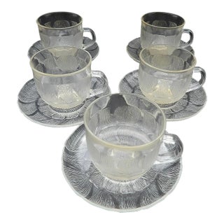 1970s Arcoroc France Fleur Pattern Glass Coffee Tea Punch Cups & Saucers Set- 10 Pieces For Sale
