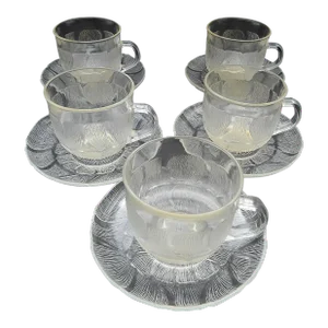 1970s Arcoroc France Fleur Pattern Glass Coffee Tea Punch Cups & Saucers Set- 10 Pieces