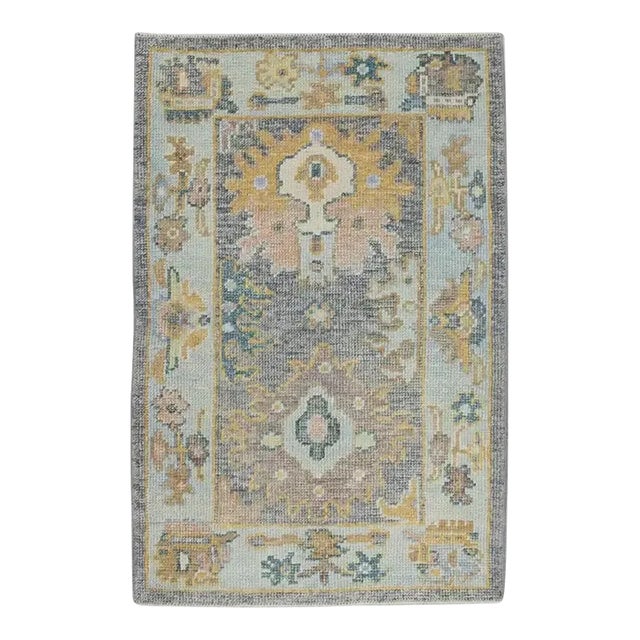 Turkish Oushak Rug Blue Yellow Gray Handwoven Vintage Rug 2'4" X 3'5" For Sale
