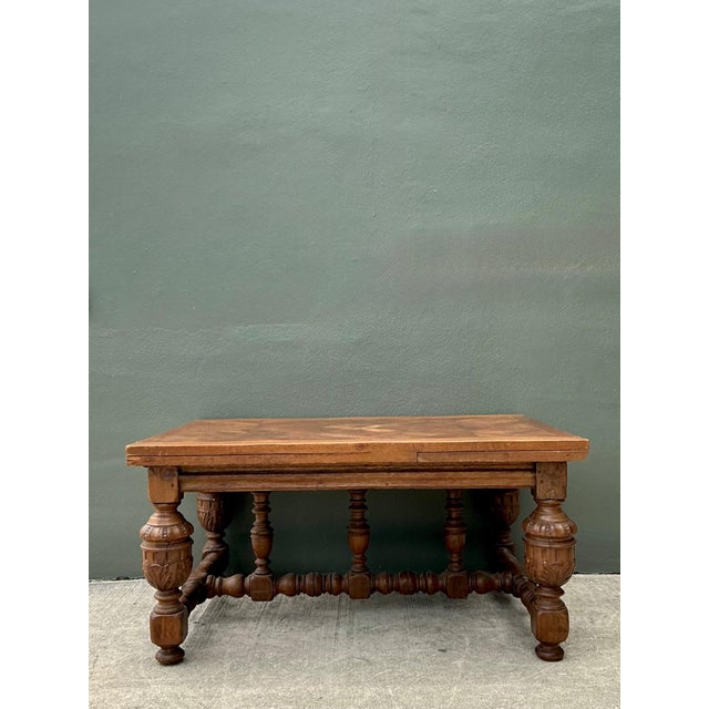 Vintage Spanish Carved Wood Parquet Extendable Dining Table For Sale - Image 4 of 13