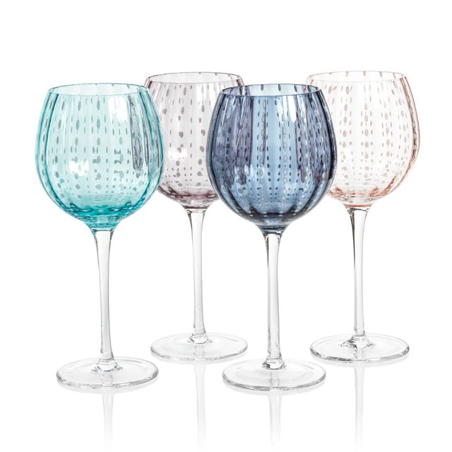Kenneth Ludwig Chicago Portofino Aqua Blue - White Dot Wine Glasses - Set of Six For Sale - Image 4 of 5
