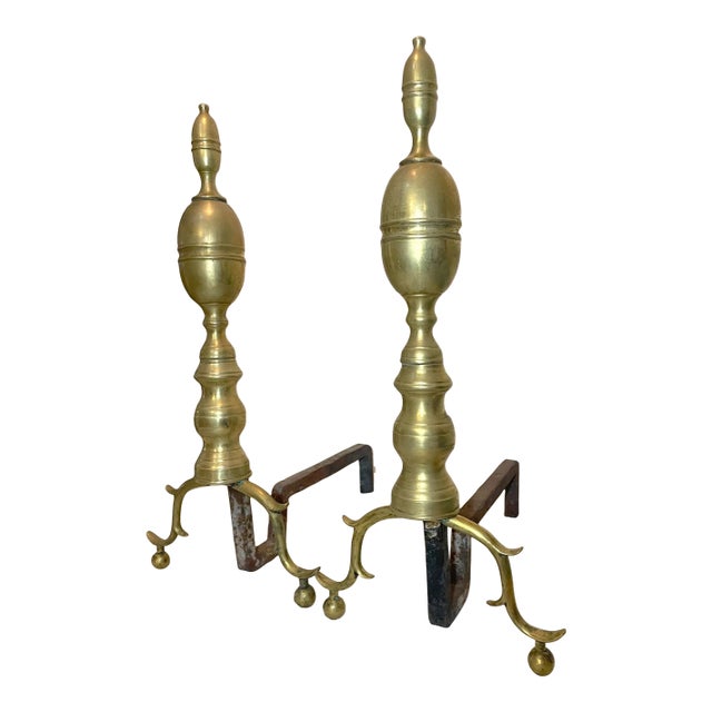 Large Pair of Antique 1700's Peened Brass Iron Federal Double Lemon Andirons For Sale