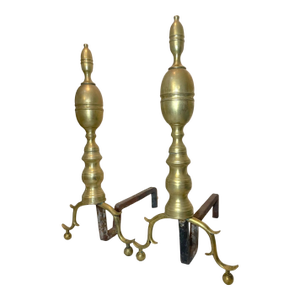 Large Pair of Antique 1700's Peened Brass Iron Federal Double Lemon Andirons