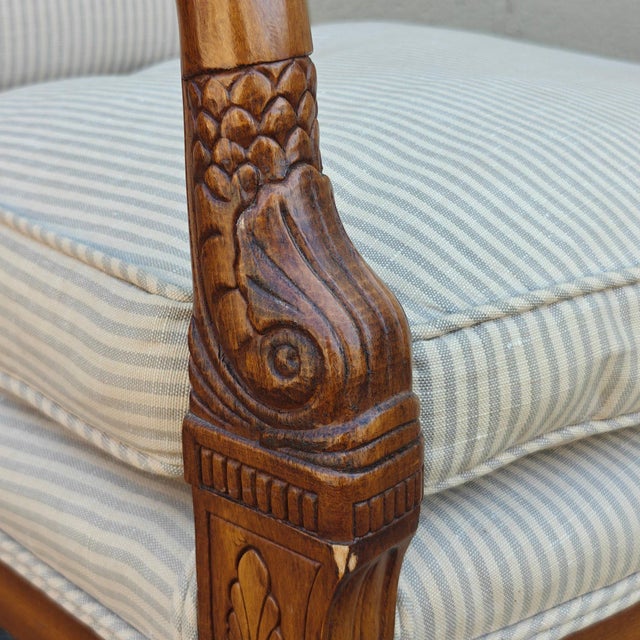 Brown Pair of Vintage French Empire Style Dolphin Carved Walnut Armchairs With Down Cushions For Sale - Image 8 of 18
