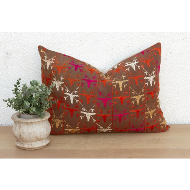 This 16x24 inch lumbar pillow is a breathtaking study in Antique Indian Folk Art, handcrafted from a salvaged Punjabi...