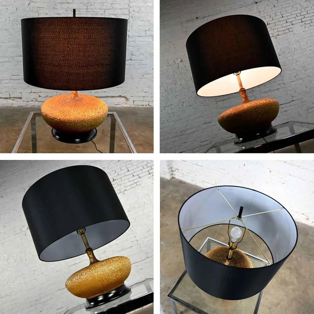 Wood Mid Century Modern Lava Glazed Large Scale Squatty Table Lamp With Faux Silk Drum Shade For Sale - Image 7 of 13