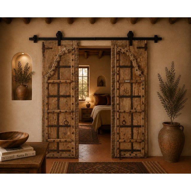 This Antique Indian Carved Teakwood Door, c. 1880–1900, was once the entry to a residence in Rajasthan, where richly...