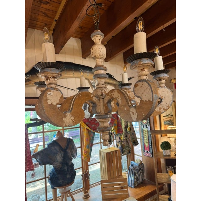 Early 20th Century Large Blue and White Chippy Wood Chandelier For Sale - Image 13 of 14