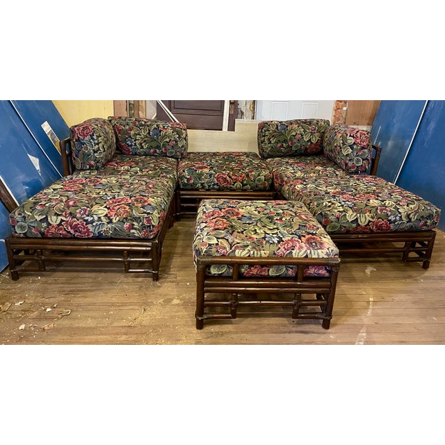 Asian Mid 20th Century 6 Pieces Ficks Reed Bamboo Rattan Modular Sectional Corner Chairs Chaise Couch Footstool For Sale - Image 3 of 12