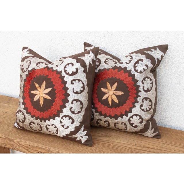 Pair of Embroidered Palmette Suzani Pillow Covers For Sale - Image 4 of 9