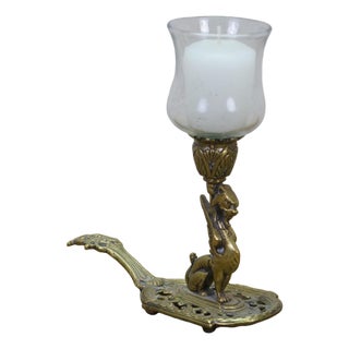Vintage Brass Griffin Dragon Sphynx Hurricane Candle Holder Chamberstick 7" For Sale