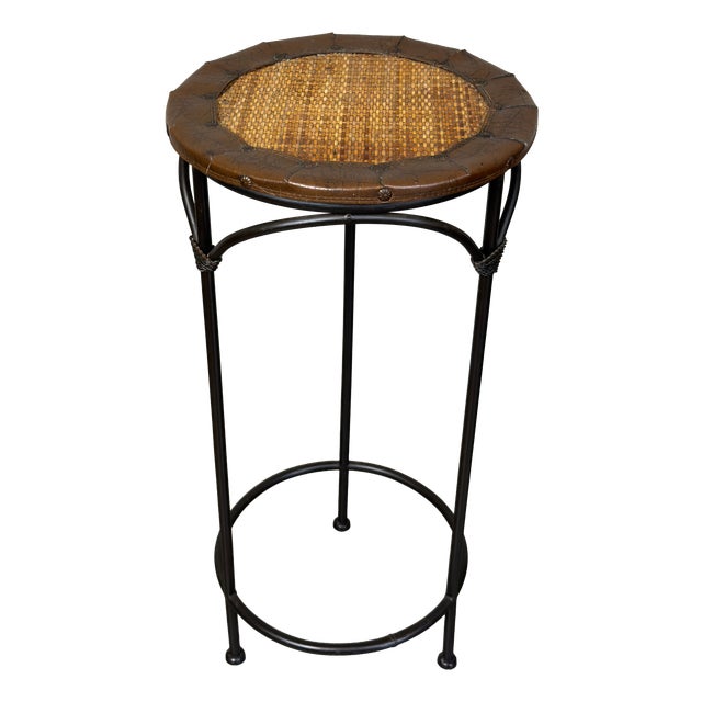 Vintage High Stool in Metal, Leather and Rattan, 1970s For Sale