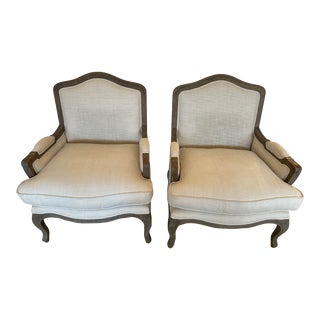 Restoration Hardware Cerused Wood and Linen Club Chairs- a Pair For Sale