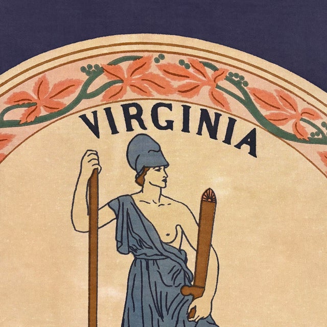 This vintage Virginia flag is made from a cotton cloth, with printed visible on both sides. Please note discoloration,...