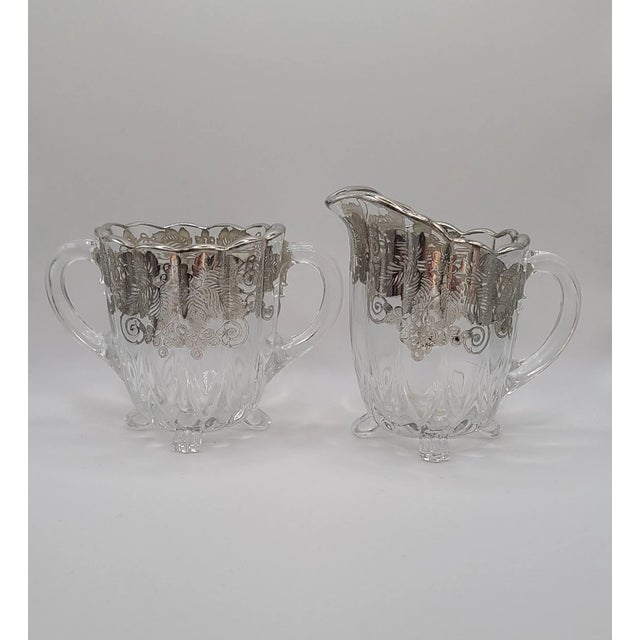 Transparent Vintage Silver Overlay Grapevine Sugar & Creamer Set Attributed to Silver City Glass Co.- 2 Pieces For Sale - Image 8 of 11