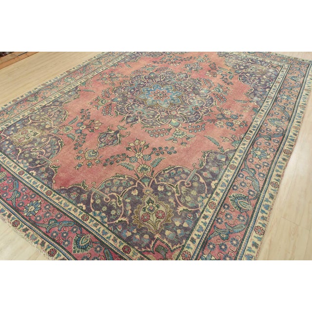 Farmhouse Tabriz Rug 9’7” X 12’7” Pink Wool Vintage Distressed Hand-Knotted Carpet For Sale - Image 3 of 15