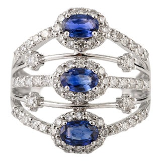 1 Ct Blue Sapphire & Diamond Multi Row Statement Ring Size 7 in 14k White Gold For Sale