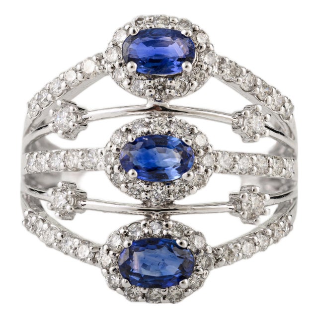 1 Ct Blue Sapphire & Diamond Multi Row Statement Ring Size 7 in 14k White Gold For Sale