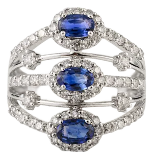 1 Ct Blue Sapphire & Diamond Multi Row Statement Ring Size 7 in 14k White Gold