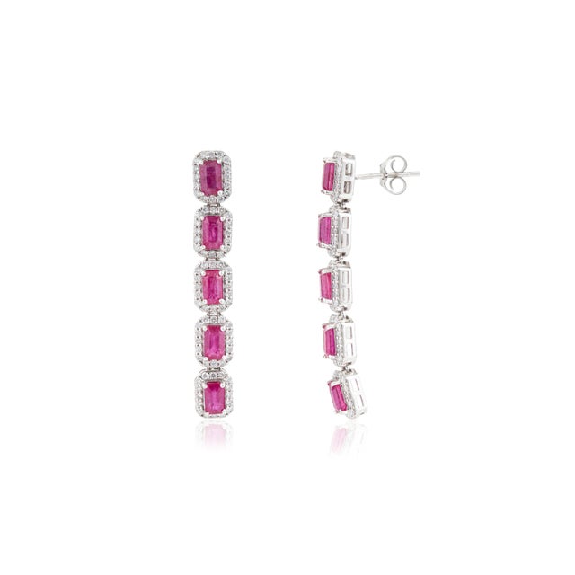 VRJewels 3.82ct Pinkish Red Ruby Diamond Dangle Earrings in 14k White Gold- A Pair For Sale In New York - Image 6 of 12