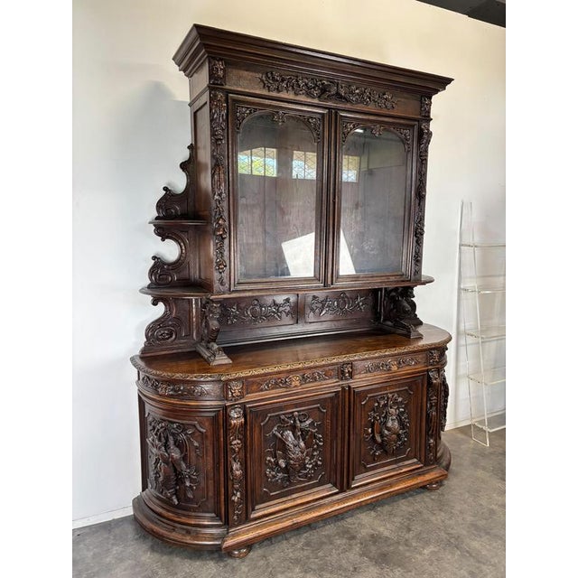 Henri II Style 2-Body Hunting Buffet in Carved Oak with Glass Top For Sale - Image 4 of 10