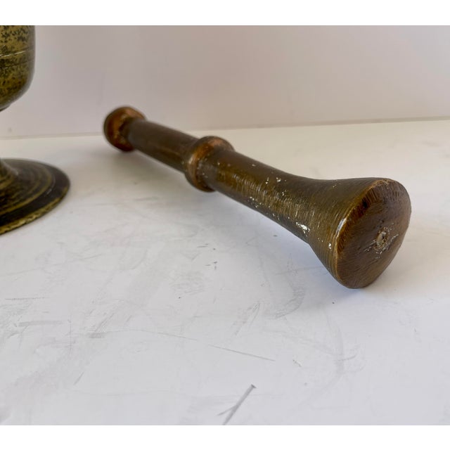 1900 - 1909 Antique Solid Brass Mortar and Pestle For Sale - Image 5 of 8