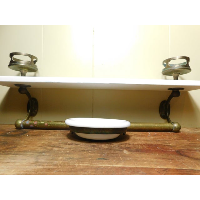 Antique Opal Glass Bathroom Shelf With Brass Cups and Soap Dish For Sale - Image 4 of 18