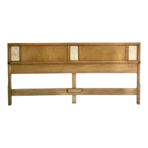 Mid-Century Modern King Headboard With Tessellated Travertine Stone Inserts