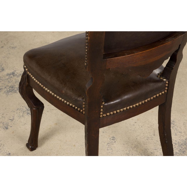 Antique French Louis XV Style Oak Dining Chairs W/ Brown Leather - Set of 8 For Sale - Image 16 of 18