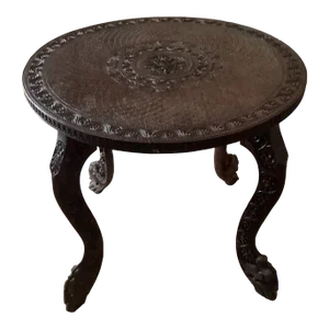1960s Vintage Anglo-Indian Hand Crafted Hardwood Round Side Table Carved Legs & Top