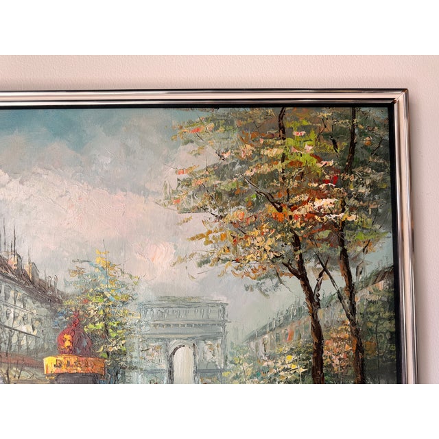 Wood Vintage Burnett Parisian Street Scene Oil on Canvas Painting – Framed For Sale - Image 7 of 13