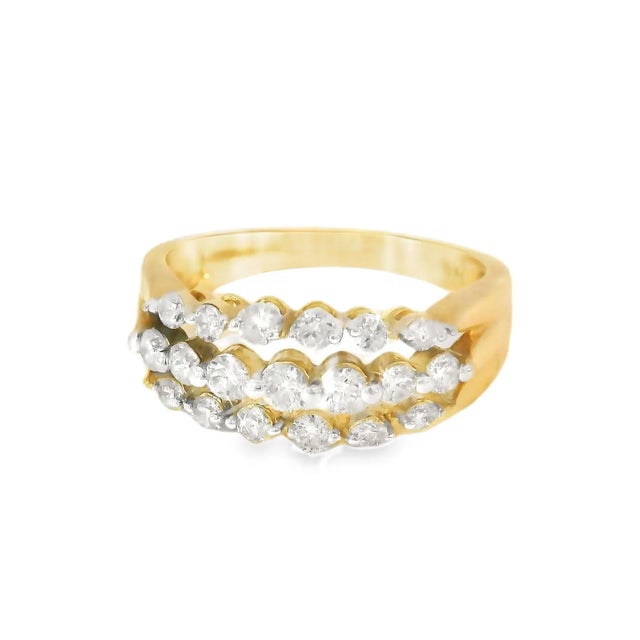 14K Yellow Gold 3-Row Diamond Wedding Band Ring This elegant estate ring features three rows of 19 brilliant round...