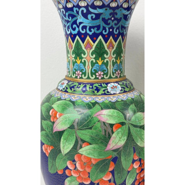 Metal Pair of Chinese Cloisonne Enamel Vases Blue Ground With Red Berries For Sale - Image 7 of 12