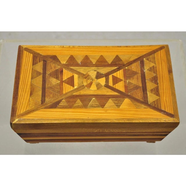 Vintage Folk Art Marquetry Inlay Small Wooden Primitive Footstool Ottoman Stool For Sale - Image 4 of 11