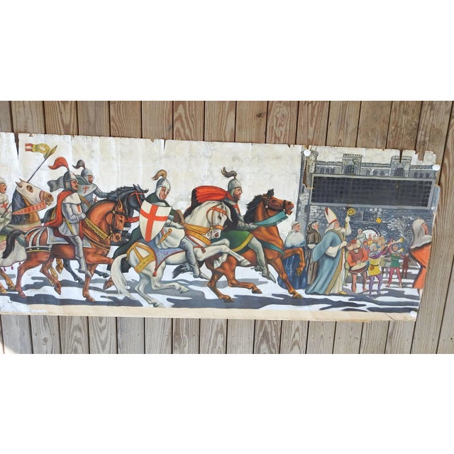 Mid 20th Century Vintage Mid Century Knights & Horses Procession Mural Painting For Sale - Image 5 of 7