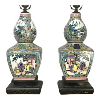 Pair 19th Century Famille Verte Chinese Porcelain Lamps For Sale