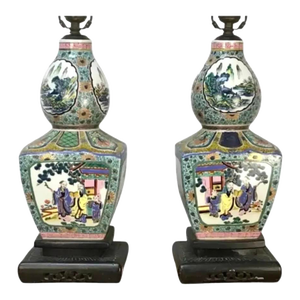 Pair 19th Century Famille Verte Chinese Porcelain Lamps